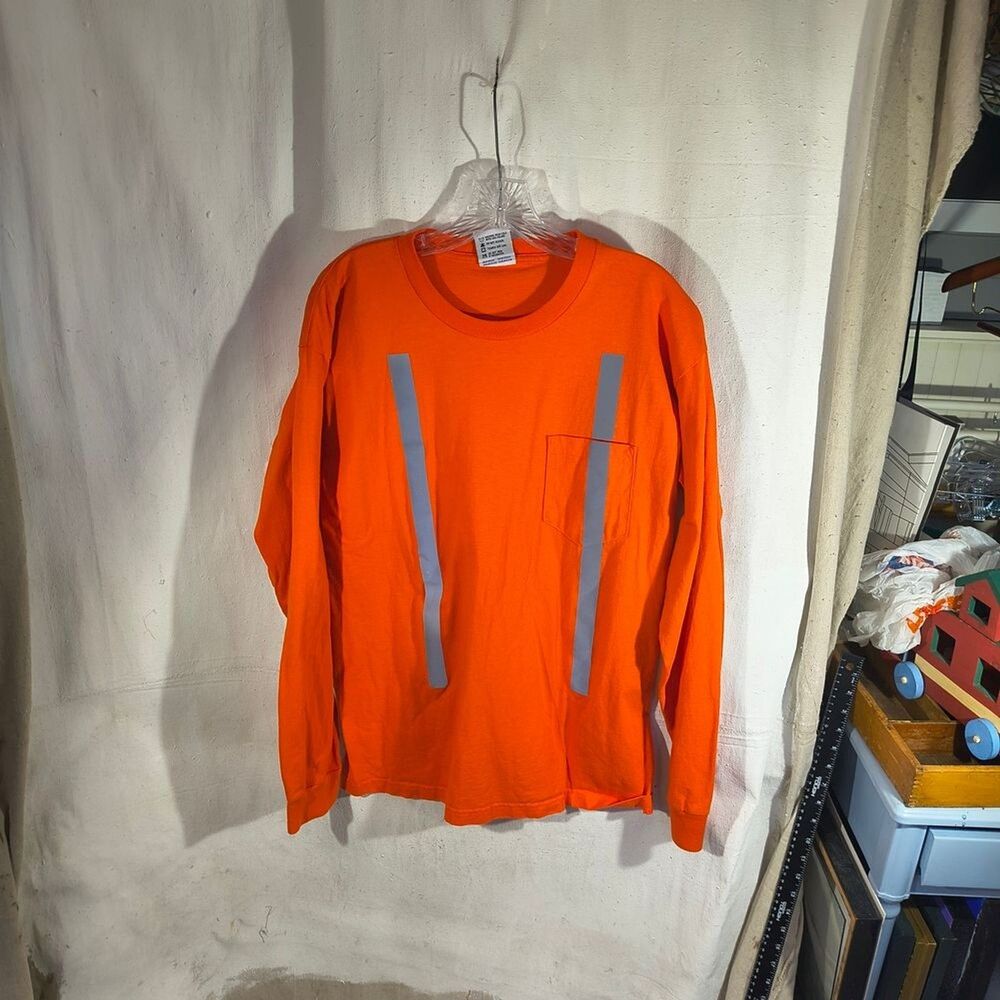 Men's Size Large Neon Orange L Sleeve Shirt with Reflective Stripes By Bayside